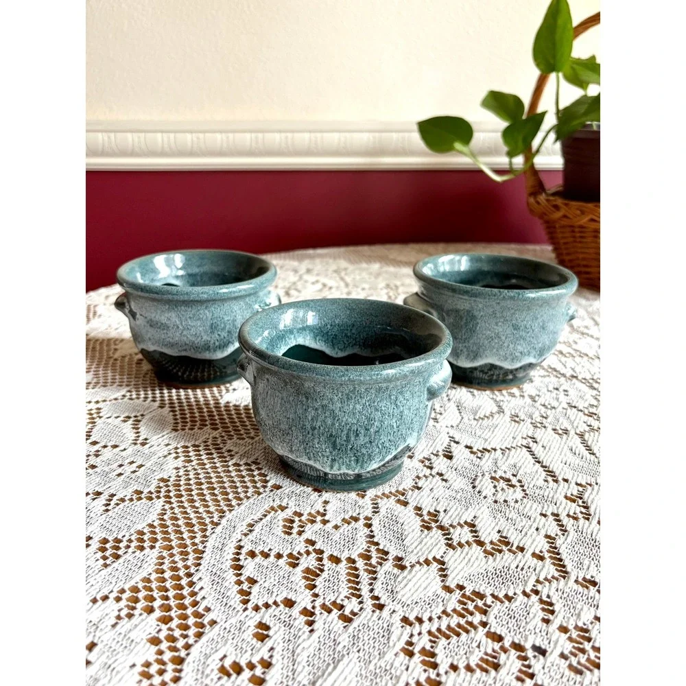 Deneen‎ Pottery Set of 3 Teal Glaze Handcrafted Stoneware Soup Bowls 2024 USA